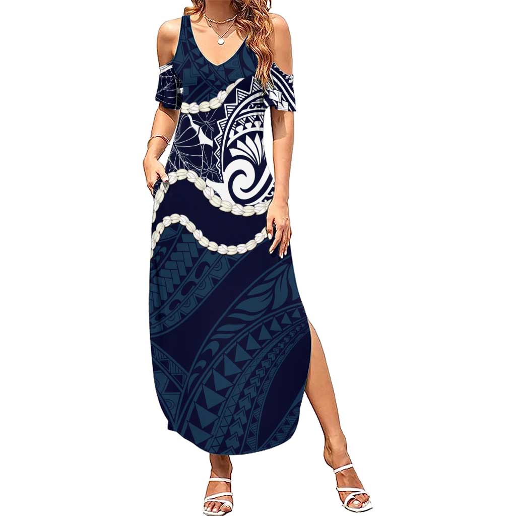 Aloha Hawaii Kalo Pikake Lei Summer Maxi Dress Chest Tattoo Oxford Blue Hawaiian Pattern LT14 Women Oxford Blue - Polynesian Pride