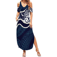 Aloha Hawaii Kalo Pikake Lei Summer Maxi Dress Chest Tattoo Oxford Blue Hawaiian Pattern LT14 Women Oxford Blue - Polynesian Pride