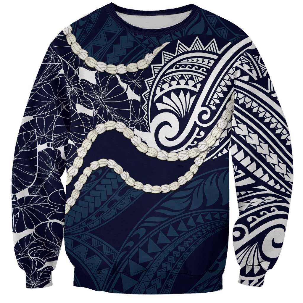 Aloha Hawaii Kalo Pikake Lei Sweatshirt Chest Tattoo Oxford Blue Hawaiian Pattern