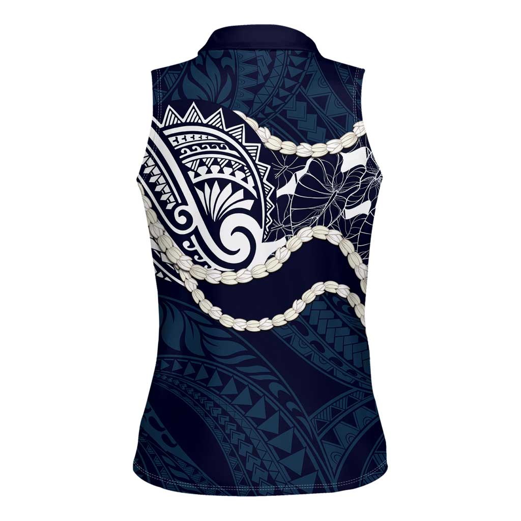 Aloha Hawaii Kalo Pikake Lei Women Sleeveless Polo Shirt Chest Tattoo Oxford Blue Hawaiian Pattern