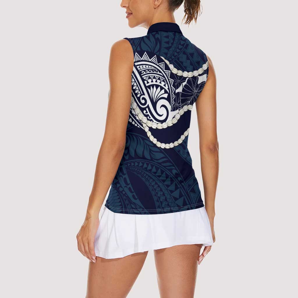 Aloha Hawaii Kalo Pikake Lei Women Sleeveless Polo Shirt Chest Tattoo Oxford Blue Hawaiian Pattern