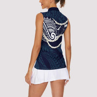 Aloha Hawaii Kalo Pikake Lei Women Sleeveless Polo Shirt Chest Tattoo Oxford Blue Hawaiian Pattern