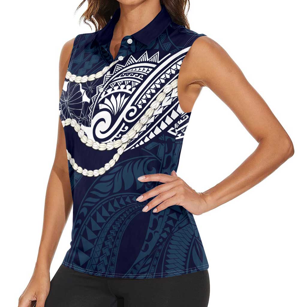 Aloha Hawaii Kalo Pikake Lei Women Sleeveless Polo Shirt Chest Tattoo Oxford Blue Hawaiian Pattern