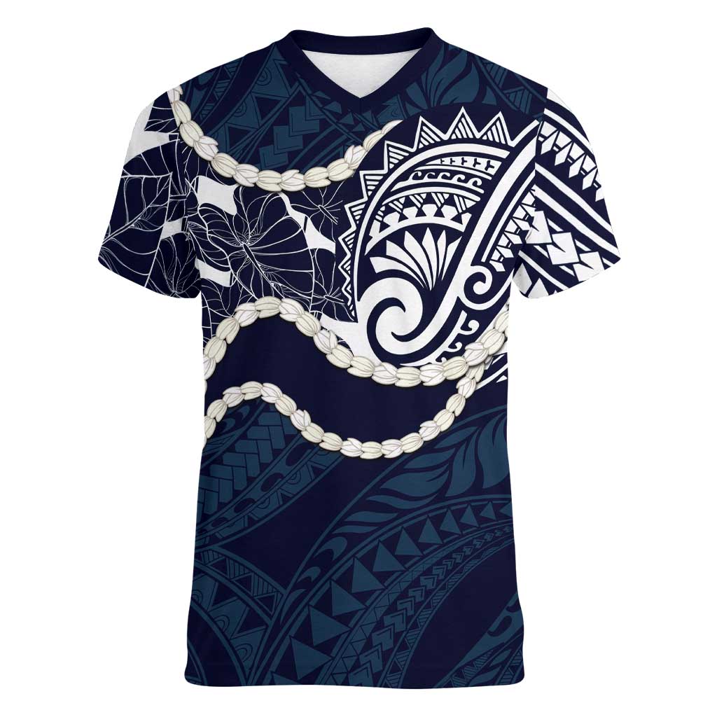 Aloha Hawaii Kalo Pikake Lei Women V-Neck T-Shirt Chest Tattoo Oxford Blue Hawaiian Pattern LT14 Female Oxford Blue - Polynesian Pride