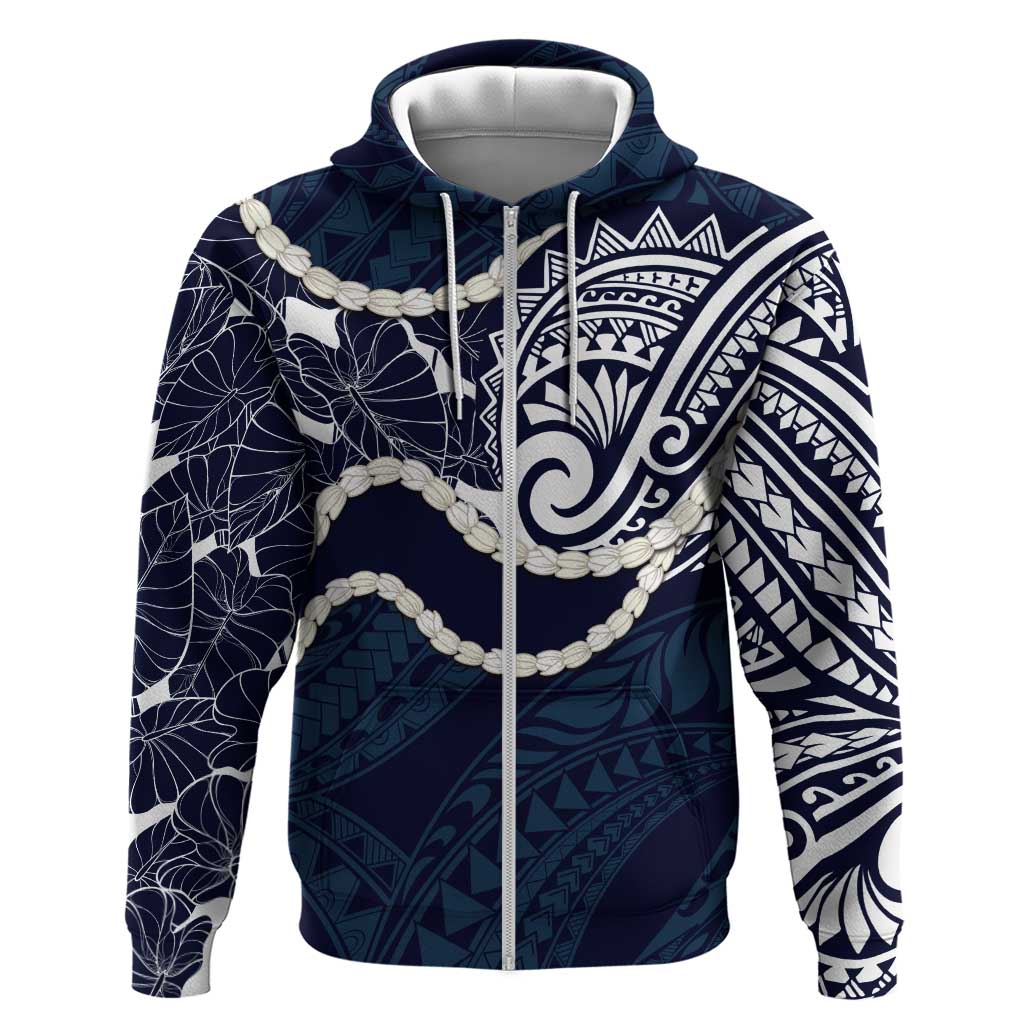 Aloha Hawaii Kalo Pikake Lei Zip Hoodie Chest Tattoo Oxford Blue Hawaiian Pattern LT14 Zip Hoodie Oxford Blue - Polynesian Pride