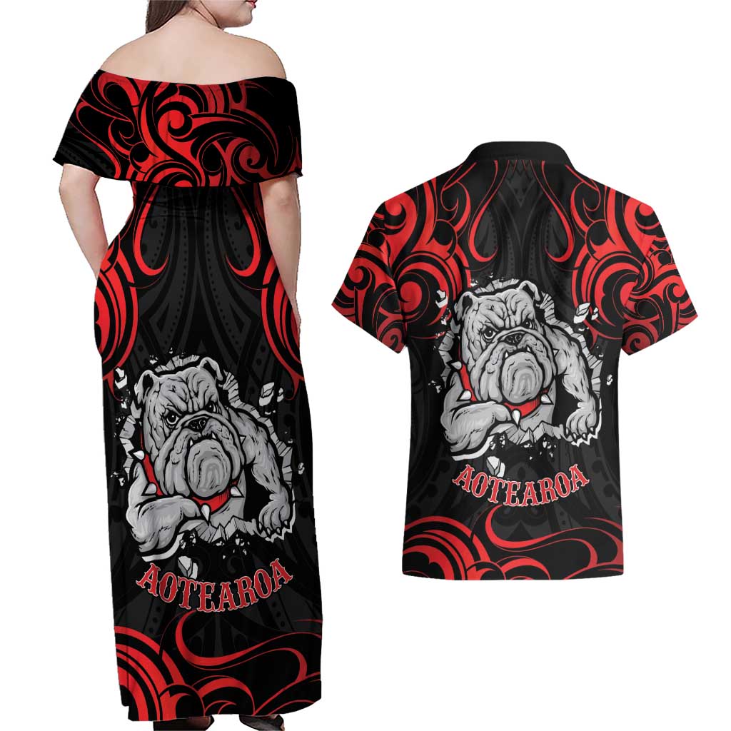 Personalised Aotearoa Bulldog Couples Matching Off Shoulder Maxi Dress and Hawaiian Shirt NZ Maori Tattoo