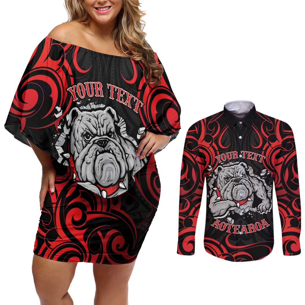 Personalised Aotearoa Bulldog Couples Matching Off Shoulder Short Dress and Long Sleeve Button Shirt NZ Maori Tattoo