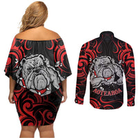 Personalised Aotearoa Bulldog Couples Matching Off Shoulder Short Dress and Long Sleeve Button Shirt NZ Maori Tattoo