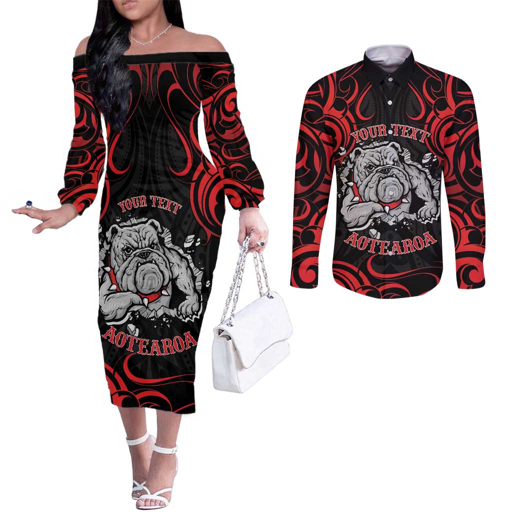Personalised Aotearoa Bulldog Couples Matching Off The Shoulder Long Sleeve Dress and Long Sleeve Button Shirt NZ Maori Tattoo