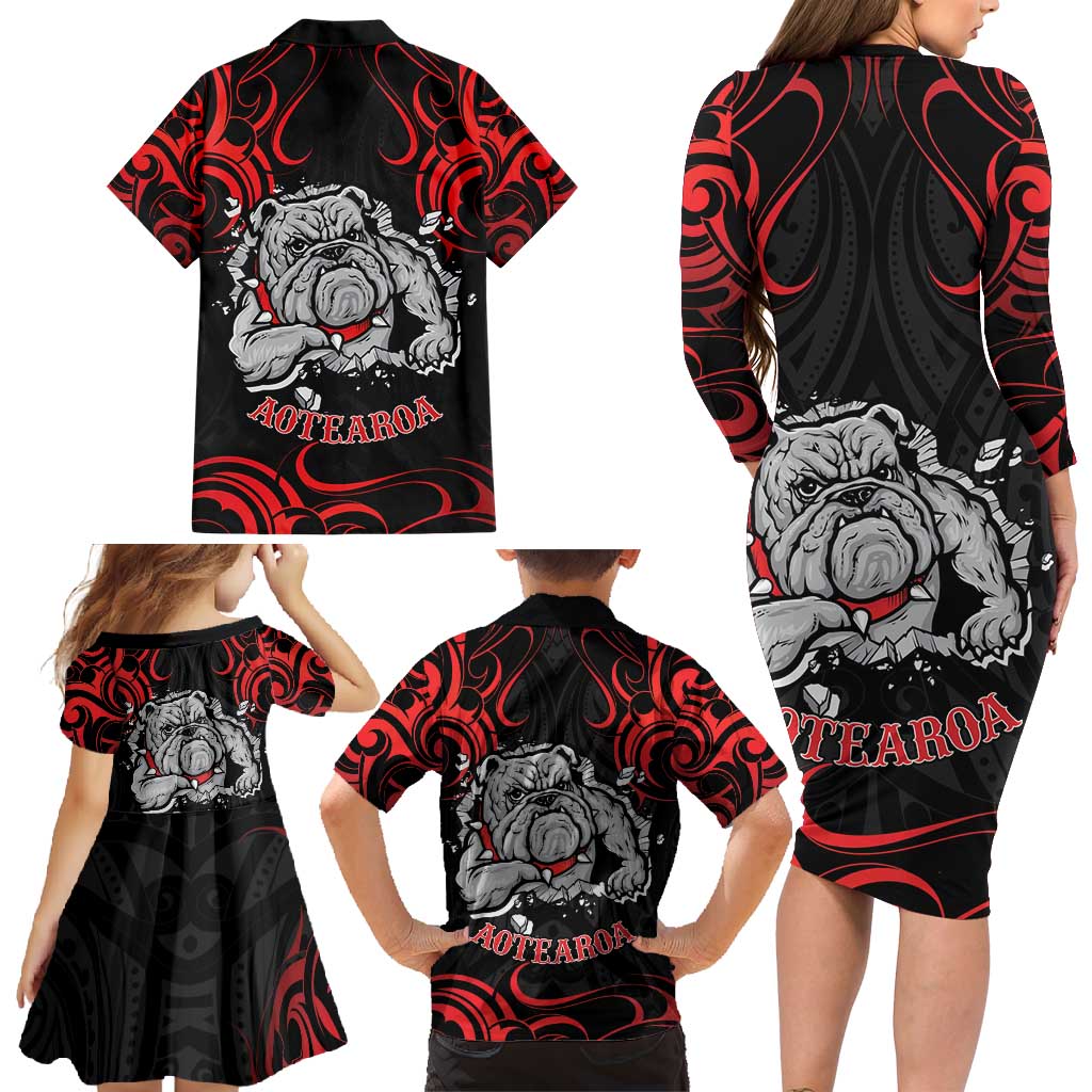 Personalised Aotearoa Bulldog Family Matching Long Sleeve Bodycon Dress and Hawaiian Shirt NZ Maori Tattoo