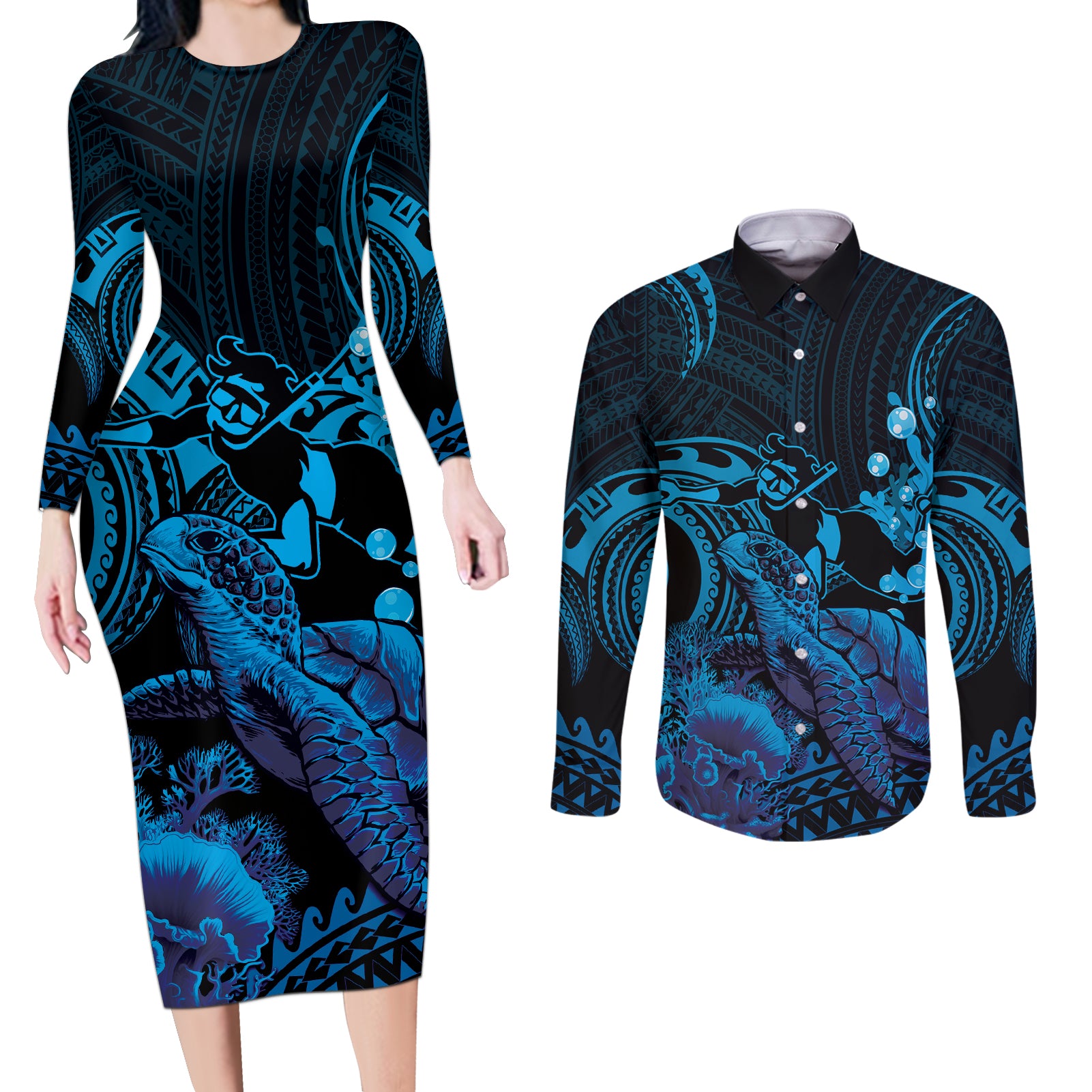 Blue Aloha Hawaii Couples Matching Long Sleeve Bodycon Dress and Long Sleeve Button Shirt Snorkeling With Sea Turtle Polynesian Pattern