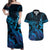 Blue Aloha Hawaii Couples Matching Off Shoulder Maxi Dress and Hawaiian Shirt Snorkeling With Sea Turtle Polynesian Pattern