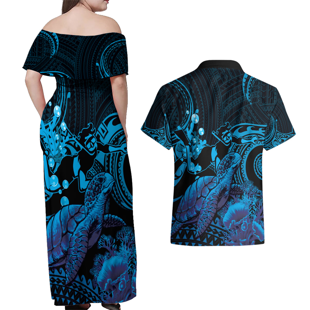 Blue Aloha Hawaii Couples Matching Off Shoulder Maxi Dress and Hawaiian Shirt Snorkeling With Sea Turtle Polynesian Pattern