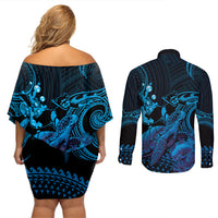 Blue Aloha Hawaii Couples Matching Off Shoulder Short Dress and Long Sleeve Button Shirt Snorkeling With Sea Turtle Polynesian Pattern