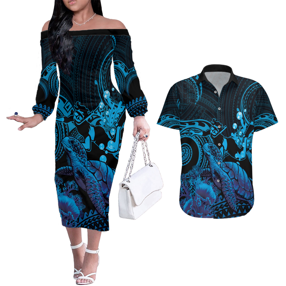 Blue Aloha Hawaii Couples Matching Off The Shoulder Long Sleeve Dress and Hawaiian Shirt Snorkeling With Sea Turtle Polynesian Pattern