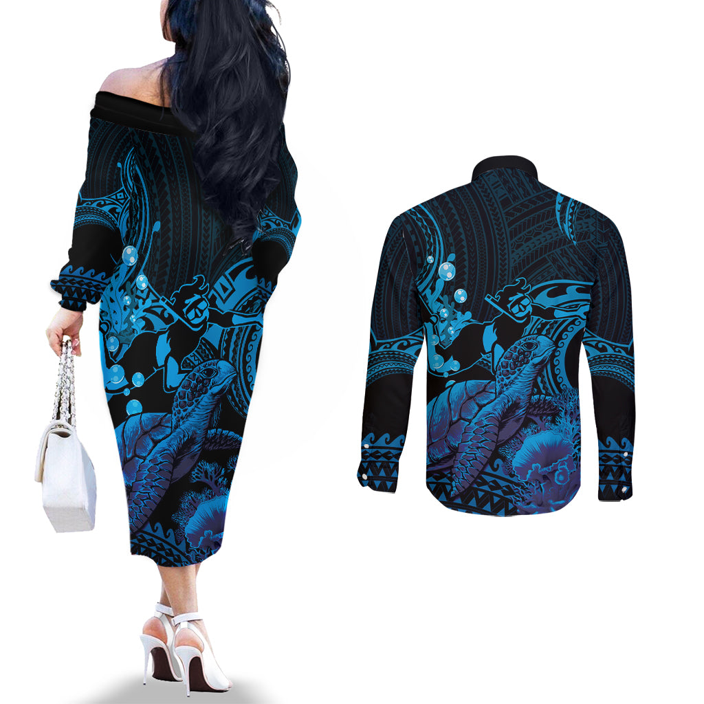 Blue Aloha Hawaii Couples Matching Off The Shoulder Long Sleeve Dress and Long Sleeve Button Shirt Snorkeling With Sea Turtle Polynesian Pattern