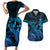 Blue Aloha Hawaii Couples Matching Short Sleeve Bodycon Dress and Hawaiian Shirt Snorkeling With Sea Turtle Polynesian Pattern