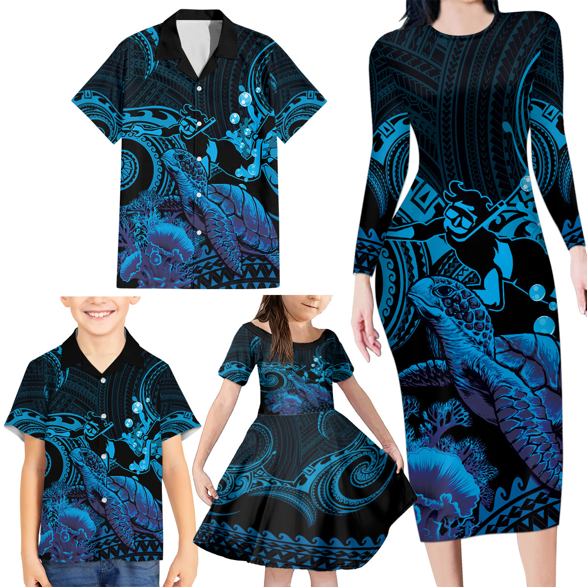 Blue Aloha Hawaii Family Matching Long Sleeve Bodycon Dress and Hawaiian Shirt Snorkeling With Sea Turtle Polynesian Pattern