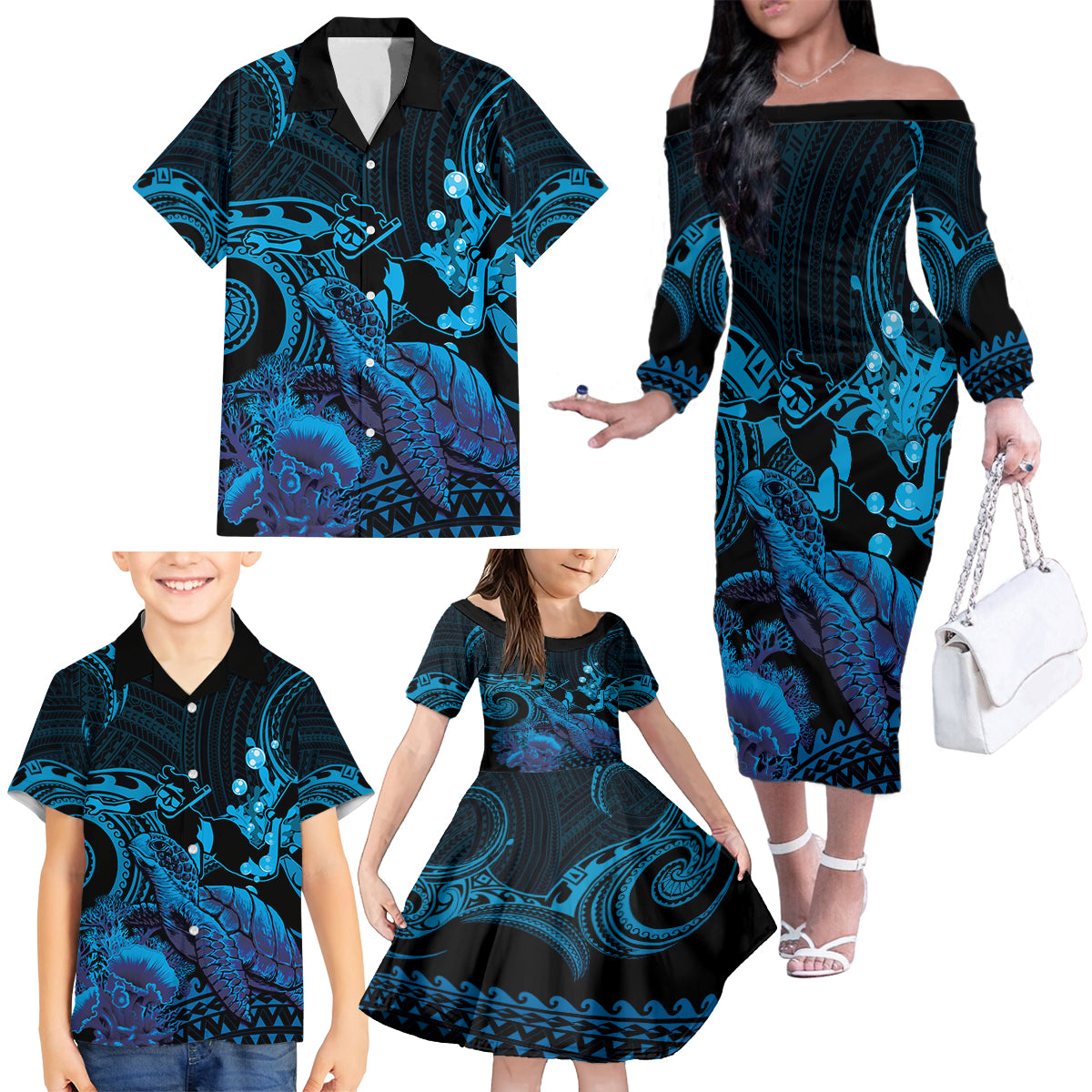 Blue Aloha Hawaii Family Matching Off The Shoulder Long Sleeve Dress and Hawaiian Shirt Snorkeling With Sea Turtle Polynesian Pattern