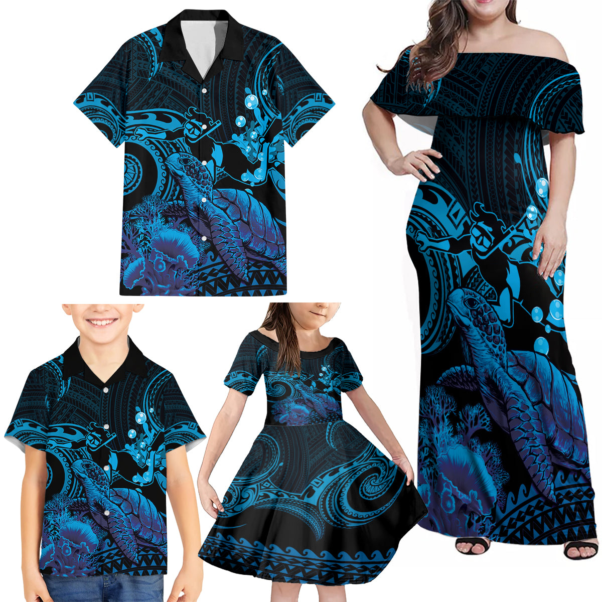 Blue Aloha Hawaii Family Matching Off Shoulder Maxi Dress and Hawaiian Shirt Snorkeling With Sea Turtle Polynesian Pattern