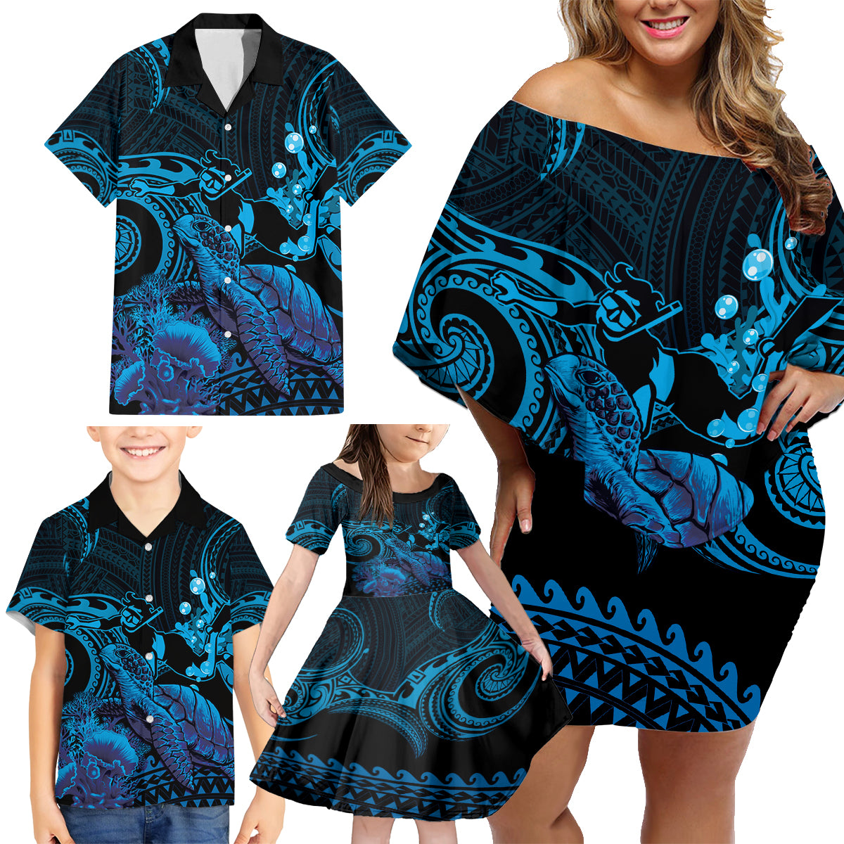 Blue Aloha Hawaii Family Matching Off Shoulder Short Dress and Hawaiian Shirt Snorkeling With Sea Turtle Polynesian Pattern