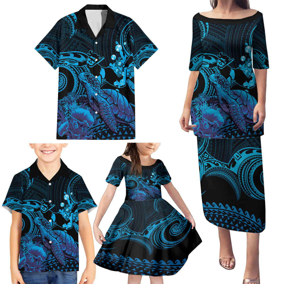 Blue Aloha Hawaii Family Matching Puletasi and Hawaiian Shirt Snorkeling With Sea Turtle Polynesian Pattern