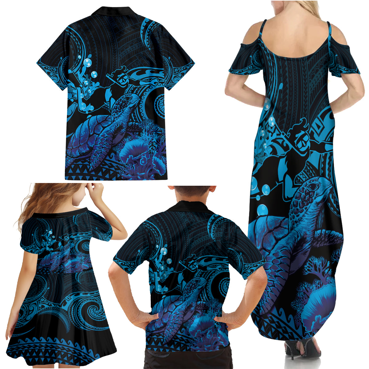 Blue Aloha Hawaii Family Matching Summer Maxi Dress and Hawaiian Shirt Snorkeling With Sea Turtle Polynesian Pattern