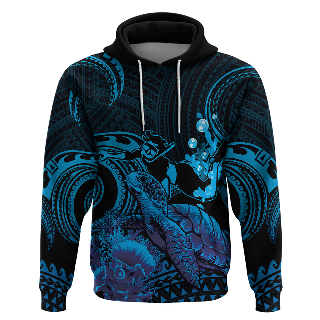 Blue Aloha Hawaii Hoodie Snorkeling With Sea Turtle Polynesian Pattern