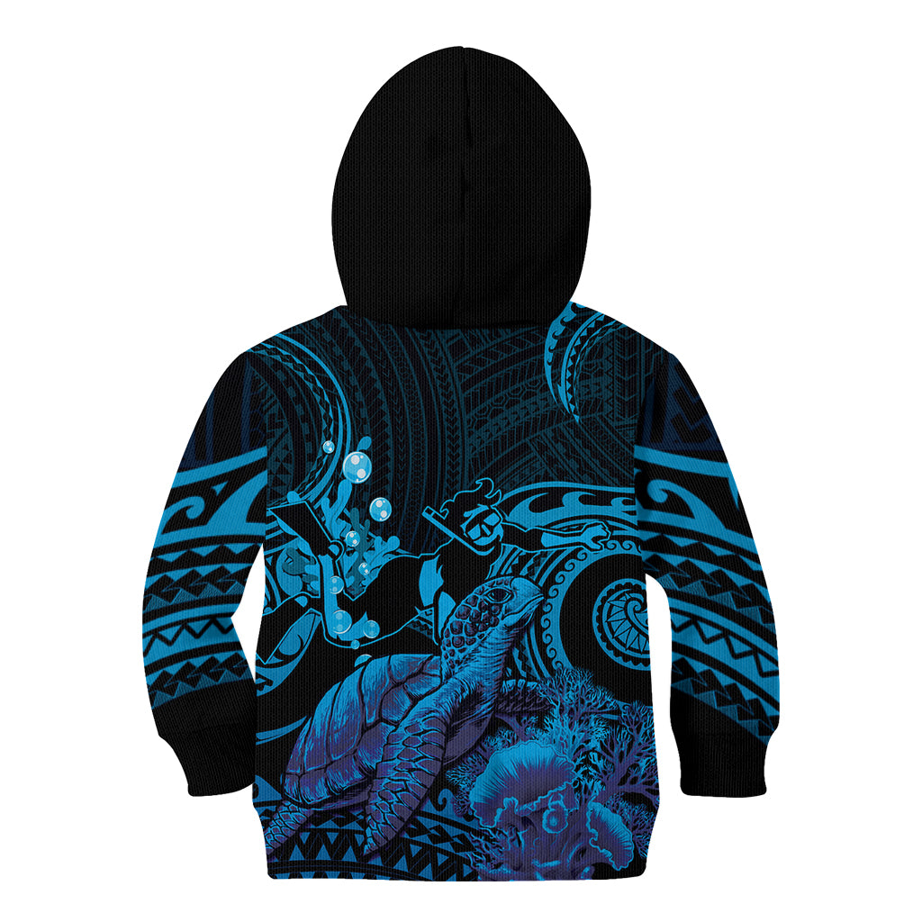 Blue Aloha Hawaii Kid Hoodie Snorkeling With Sea Turtle Polynesian Pattern