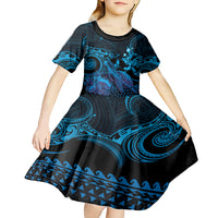 Blue Aloha Hawaii Kid Short Sleeve Dress Snorkeling With Sea Turtle Polynesian Pattern