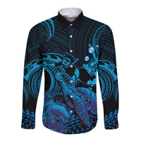 Blue Aloha Hawaii Long Sleeve Button Shirt Snorkeling With Sea Turtle Polynesian Pattern