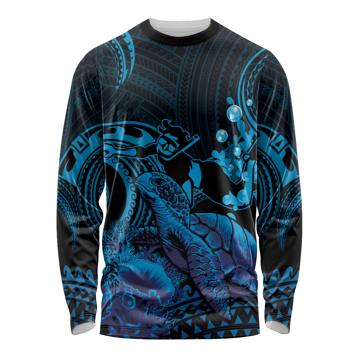 Blue Aloha Hawaii Long Sleeve Shirt Snorkeling With Sea Turtle Polynesian Pattern