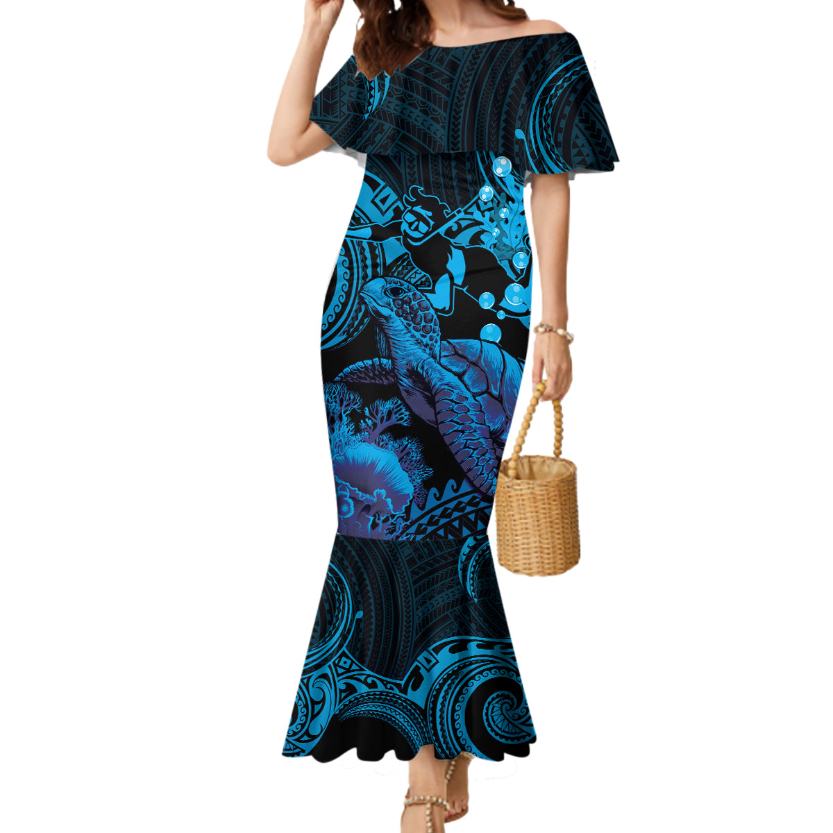 Blue Aloha Hawaii Mermaid Dress Snorkeling With Sea Turtle Polynesian Pattern