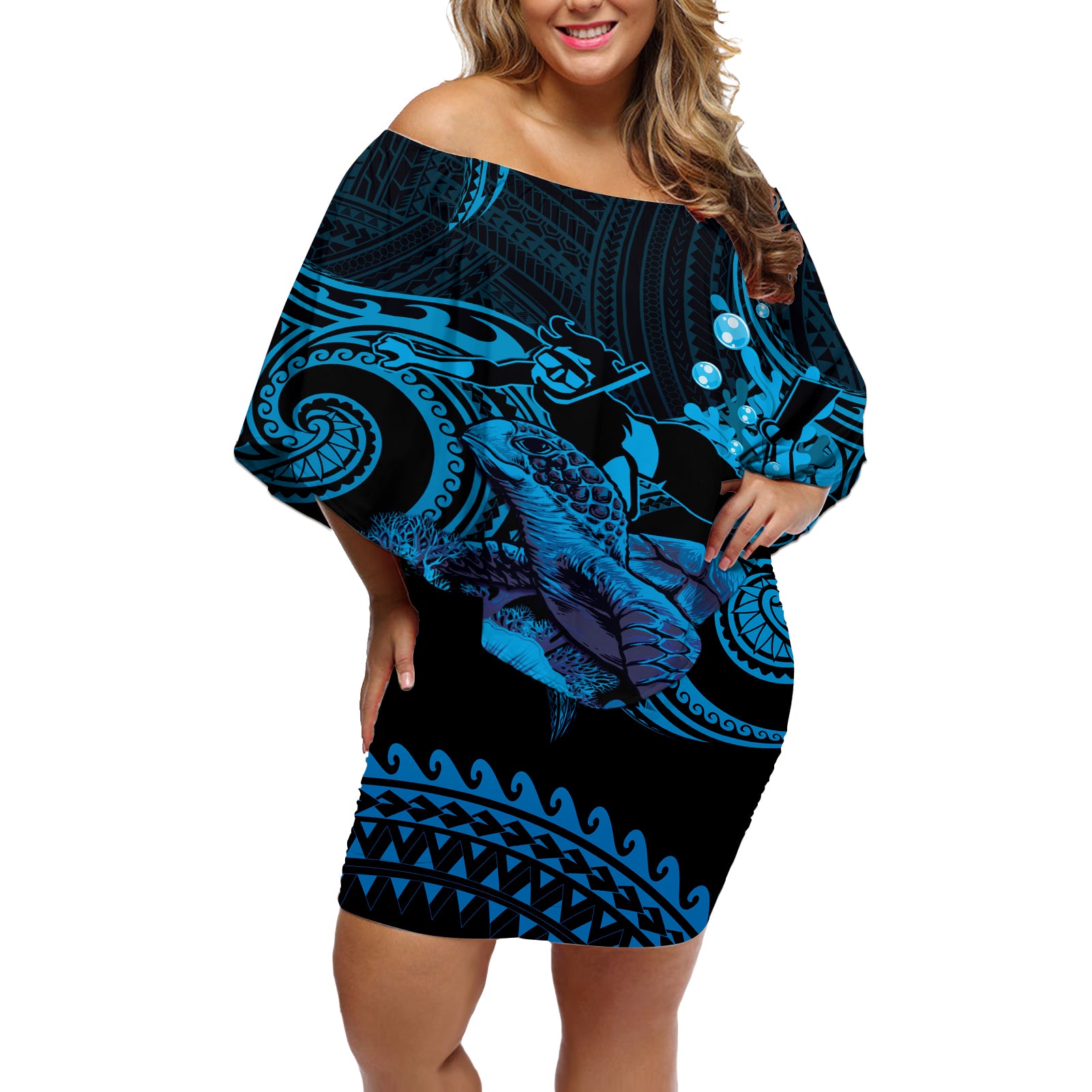 Blue Aloha Hawaii Off Shoulder Short Dress Snorkeling With Sea Turtle Polynesian Pattern