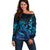 Blue Aloha Hawaii Off Shoulder Sweater Snorkeling With Sea Turtle Polynesian Pattern