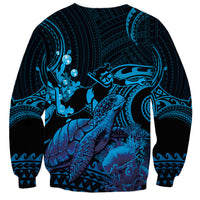 Blue Aloha Hawaii Sweatshirt Snorkeling With Sea Turtle Polynesian Pattern