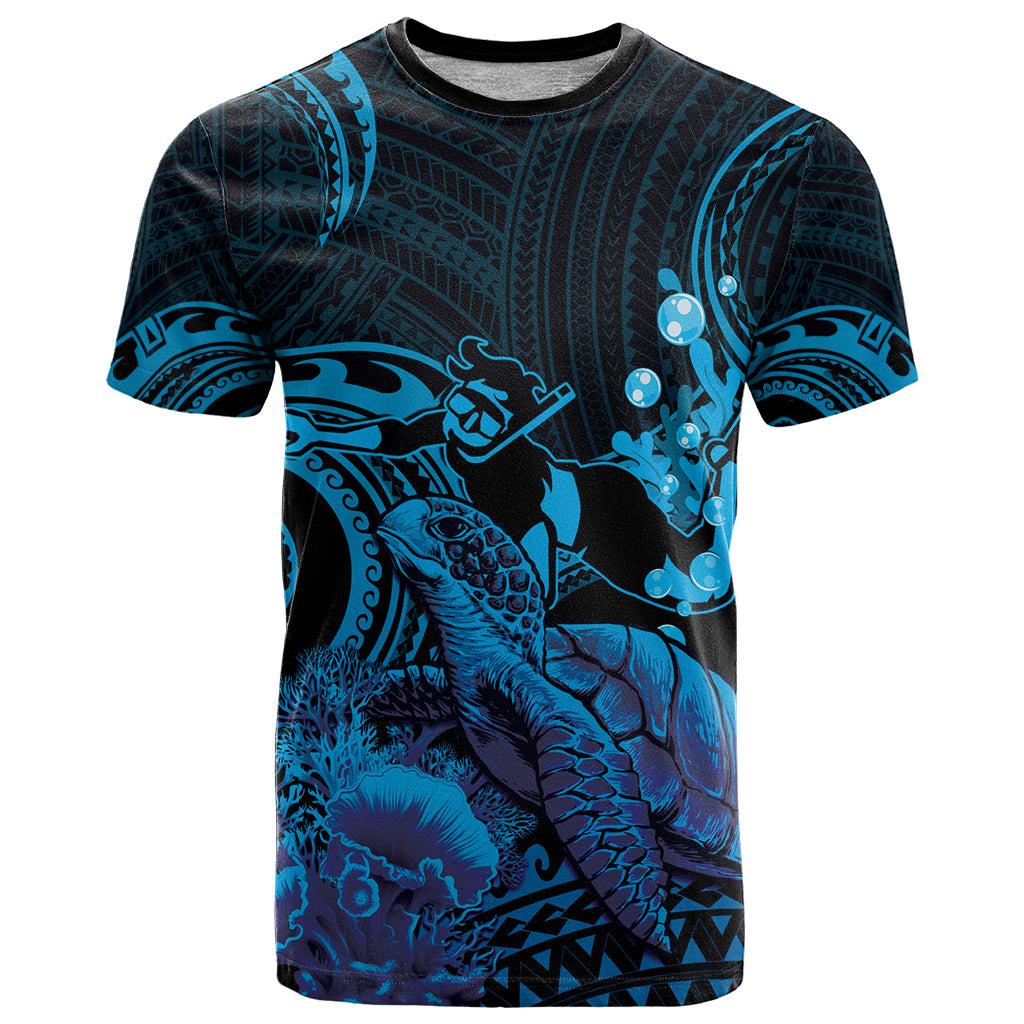 Blue Aloha Hawaii T Shirt Snorkeling With Sea Turtle Polynesian Pattern