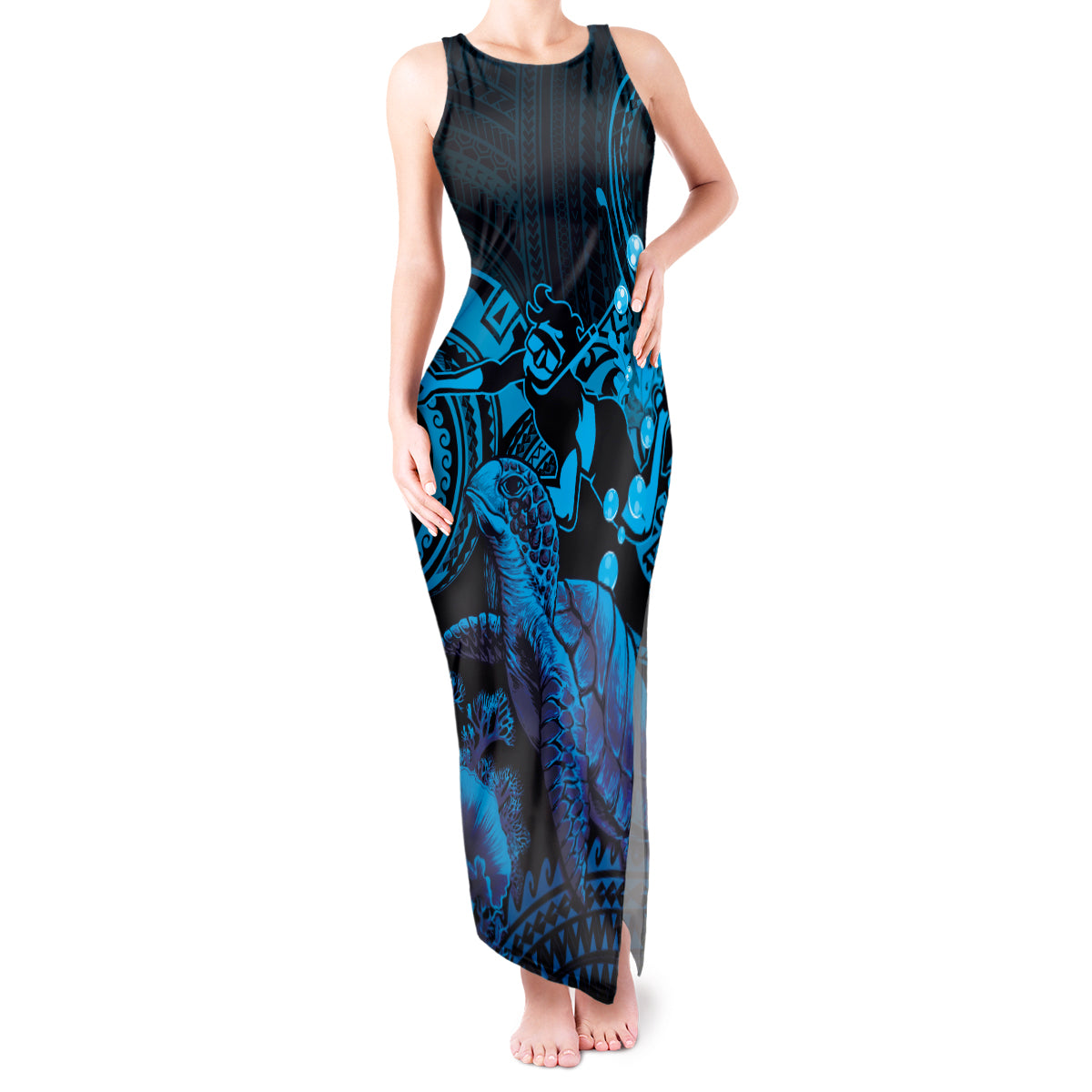 Blue Aloha Hawaii Tank Maxi Dress Snorkeling With Sea Turtle Polynesian Pattern