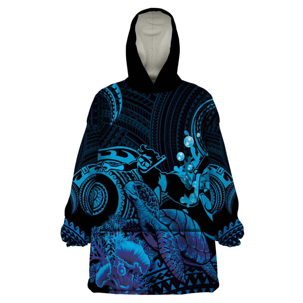 Blue Aloha Hawaii Wearable Blanket Hoodie Snorkeling With Sea Turtle Polynesian Pattern