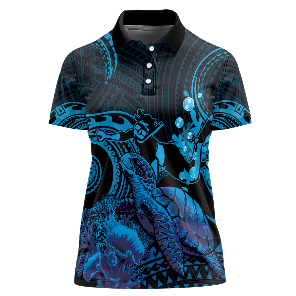 Blue Aloha Hawaii Women Polo Shirt Snorkeling With Sea Turtle Polynesian Pattern