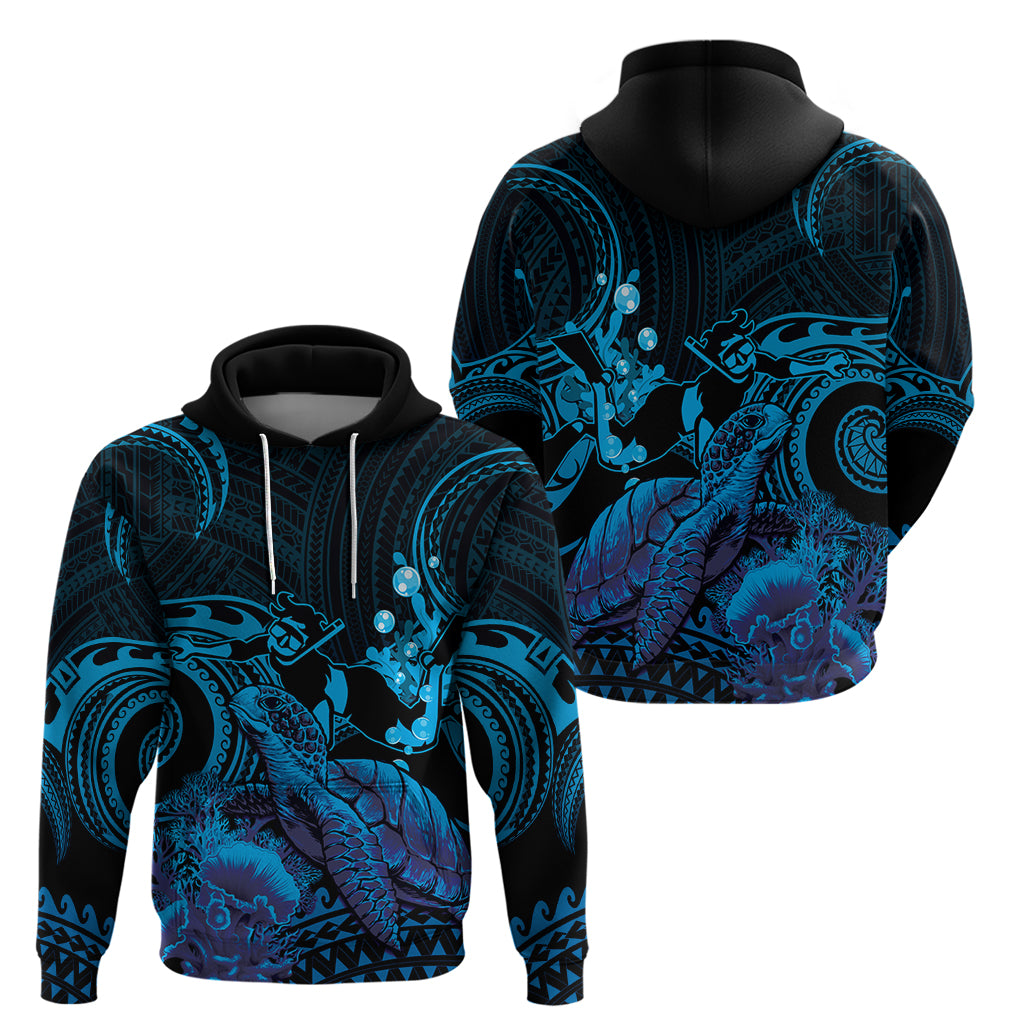 Blue Aloha Hawaii Zip Hoodie Snorkeling With Sea Turtle Polynesian Pattern