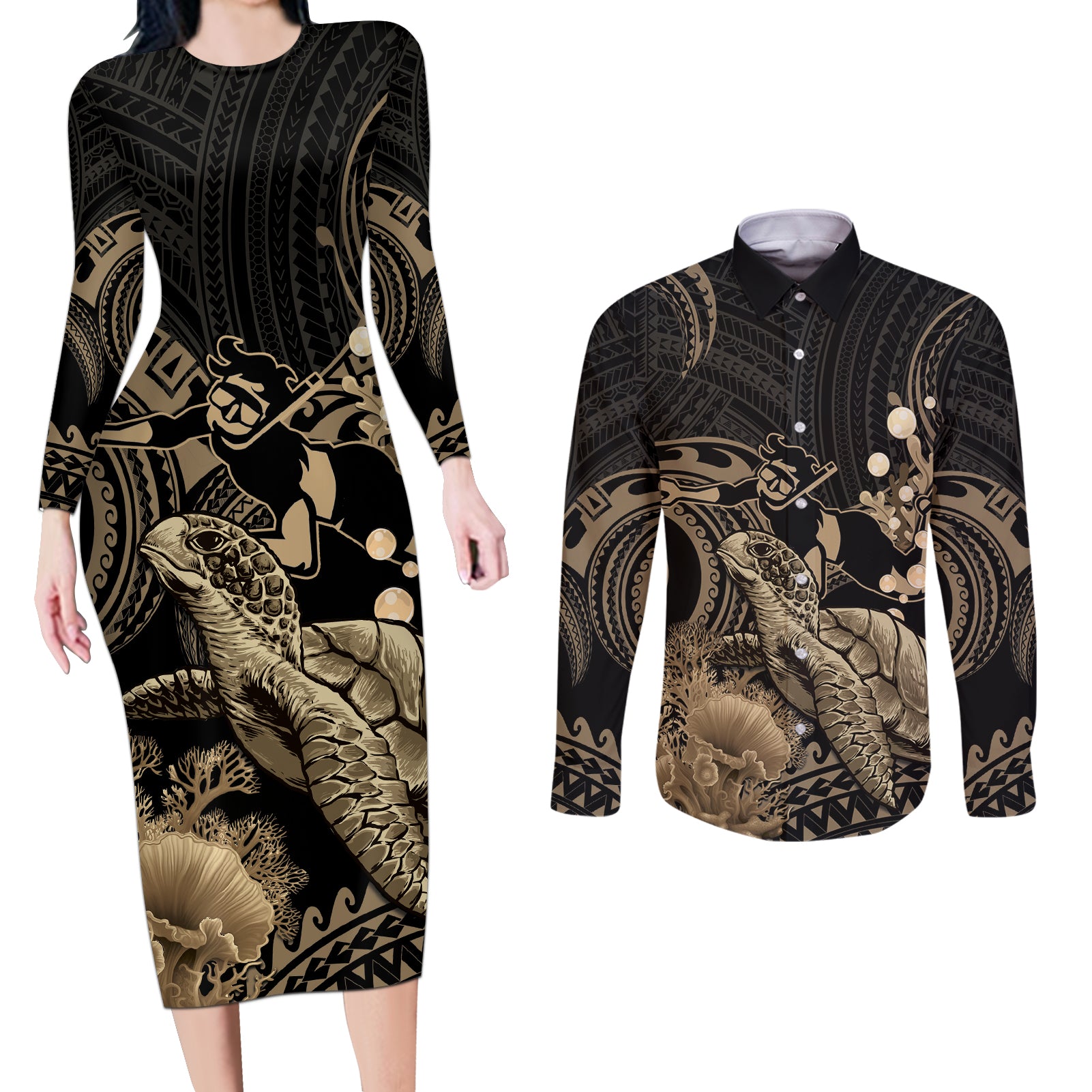 Gold Aloha Hawaii Couples Matching Long Sleeve Bodycon Dress and Long Sleeve Button Shirt Snorkeling With Sea Turtle Polynesian Pattern