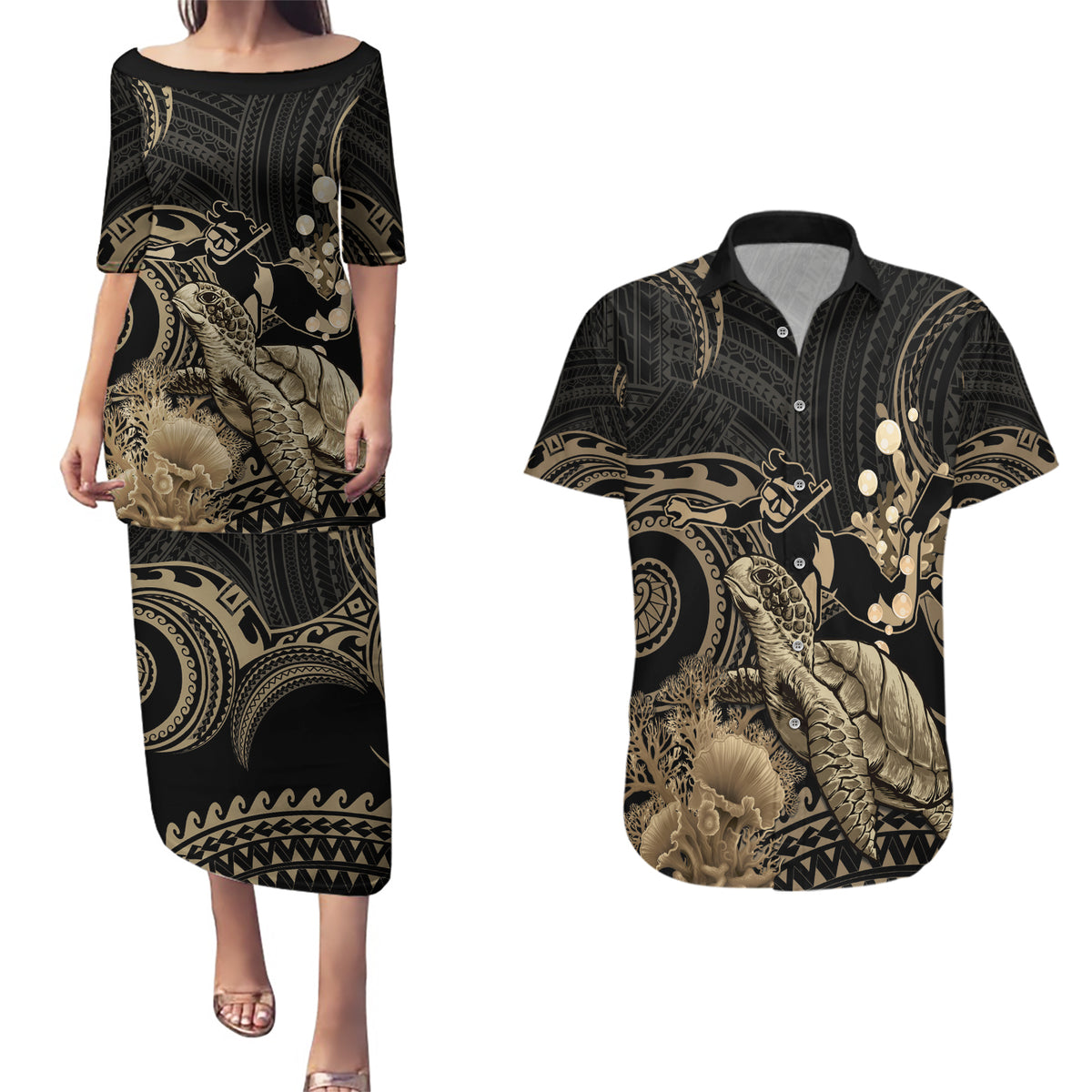 Gold Aloha Hawaii Couples Matching Puletasi and Hawaiian Shirt Snorkeling With Sea Turtle Polynesian Pattern LT14 Gold - Polynesian Pride
