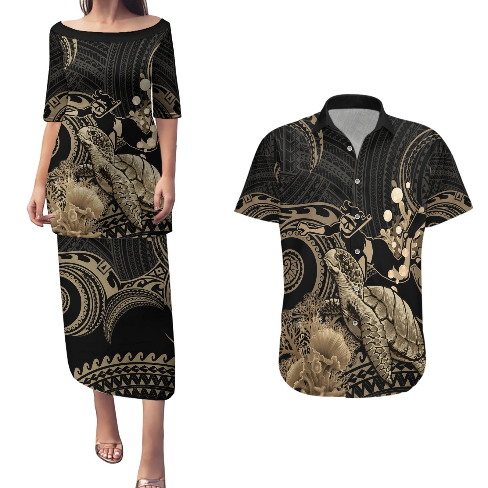 Gold Aloha Hawaii Couples Matching Puletasi and Hawaiian Shirt Snorkeling With Sea Turtle Polynesian Pattern LT14 Gold - Polynesian Pride