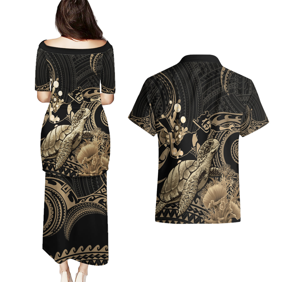 Gold Aloha Hawaii Couples Matching Puletasi and Hawaiian Shirt Snorkeling With Sea Turtle Polynesian Pattern LT14 - Polynesian Pride