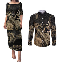Gold Aloha Hawaii Couples Matching Puletasi and Long Sleeve Button Shirt Snorkeling With Sea Turtle Polynesian Pattern LT14 Gold - Polynesian Pride