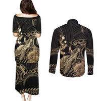 Gold Aloha Hawaii Couples Matching Puletasi and Long Sleeve Button Shirt Snorkeling With Sea Turtle Polynesian Pattern LT14 - Polynesian Pride