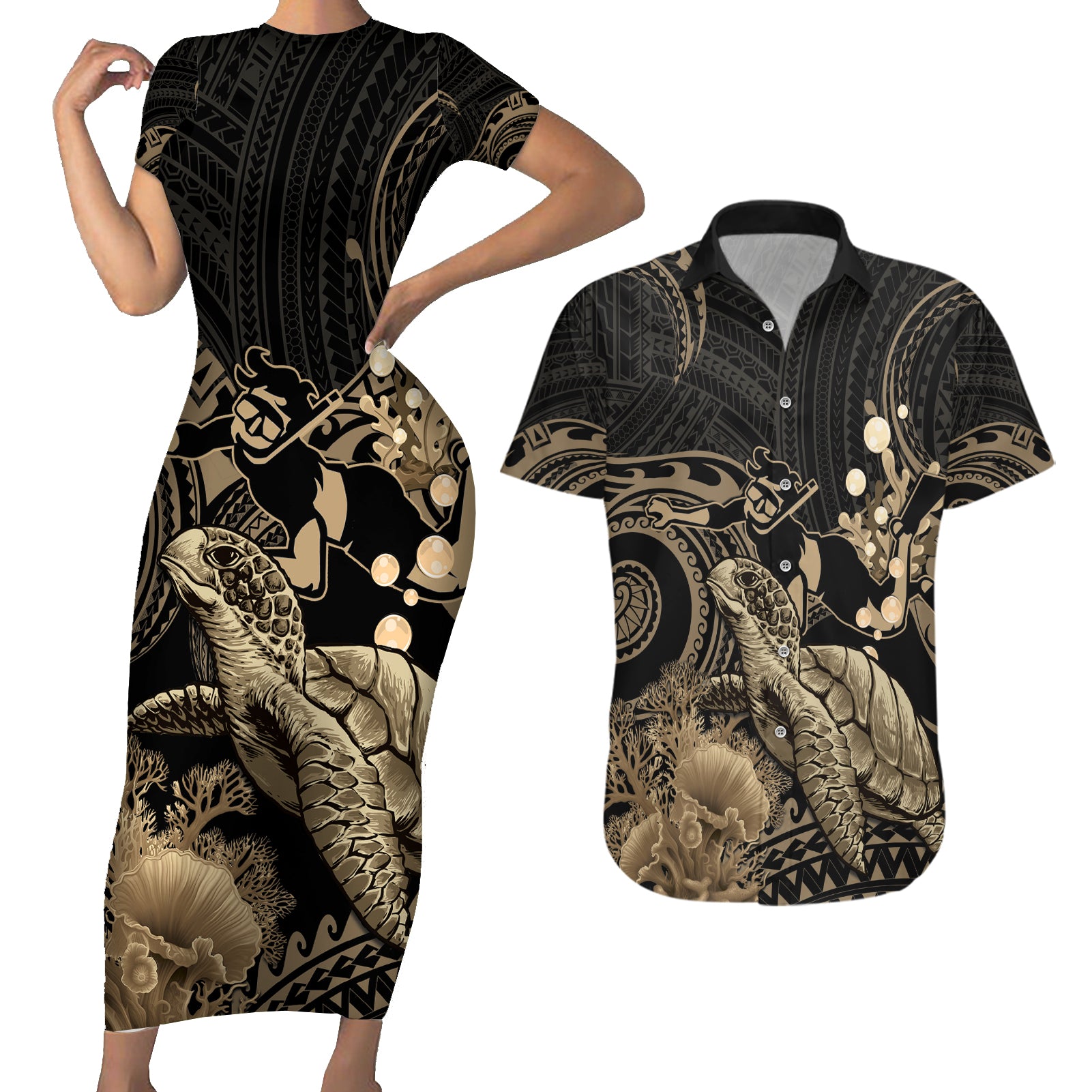 Gold Aloha Hawaii Couples Matching Short Sleeve Bodycon Dress and Hawaiian Shirt Snorkeling With Sea Turtle Polynesian Pattern