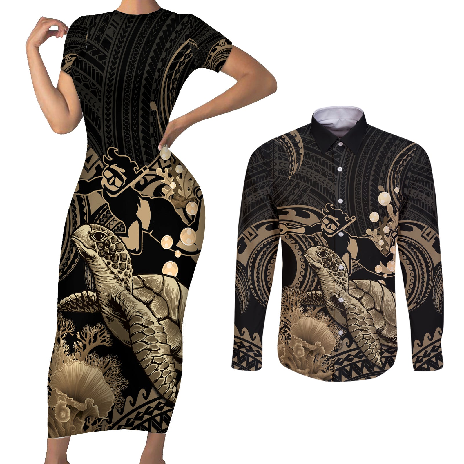 Gold Aloha Hawaii Couples Matching Short Sleeve Bodycon Dress and Long Sleeve Button Shirt Snorkeling With Sea Turtle Polynesian Pattern LT14 Gold - Polynesian Pride
