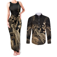 Gold Aloha Hawaii Couples Matching Tank Maxi Dress and Long Sleeve Button Shirt Snorkeling With Sea Turtle Polynesian Pattern LT14 Gold - Polynesian Pride